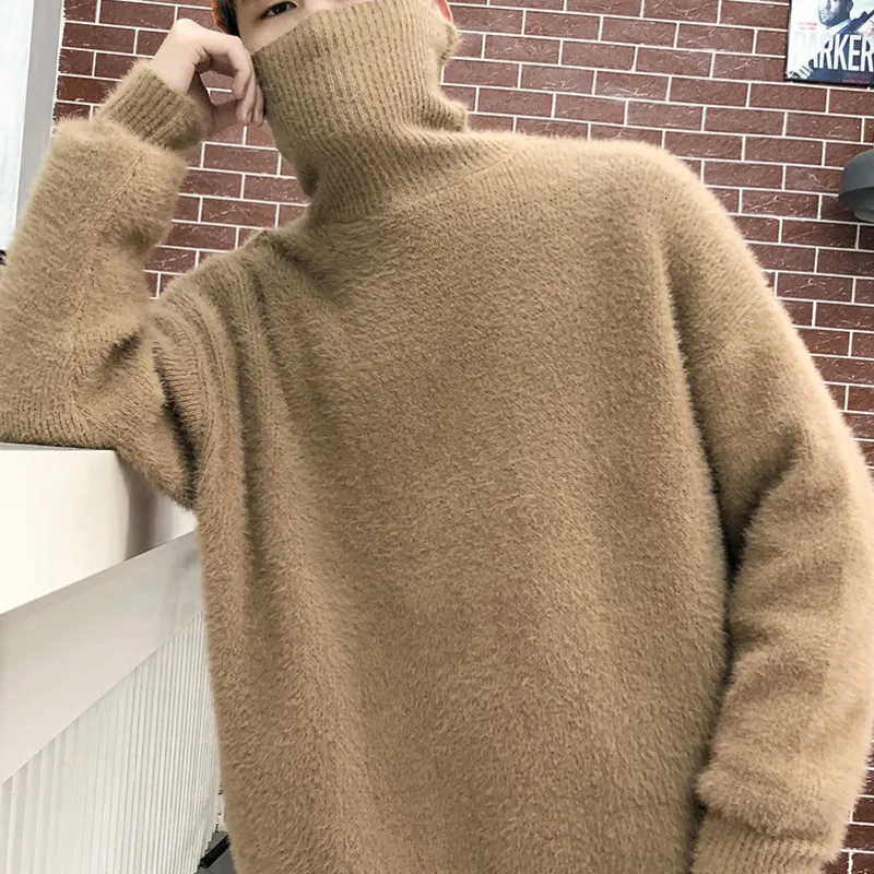Толстый свитер с высоким воротником мужской теплый модный однотонный Повседневный вязаный пуловер мужской свободный свитер с длинными рукавами Мужская одежда M-2X