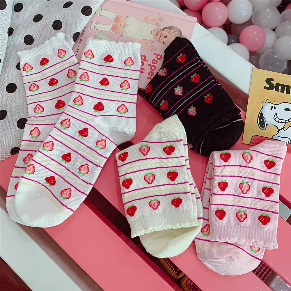 Милые розовые носки с изображением клубники, женские милые длинные носки в Корейском стиле, хлопчатобумажные забавные носки для девочек, уличная одежда, calcetines Mujer