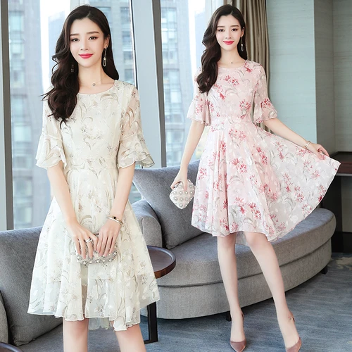 

Spring Fashion Chiffon Women Dress 2019 New Style Summer Short Sleeve And Round Collar Slim Elegant Temperament Female Dresses