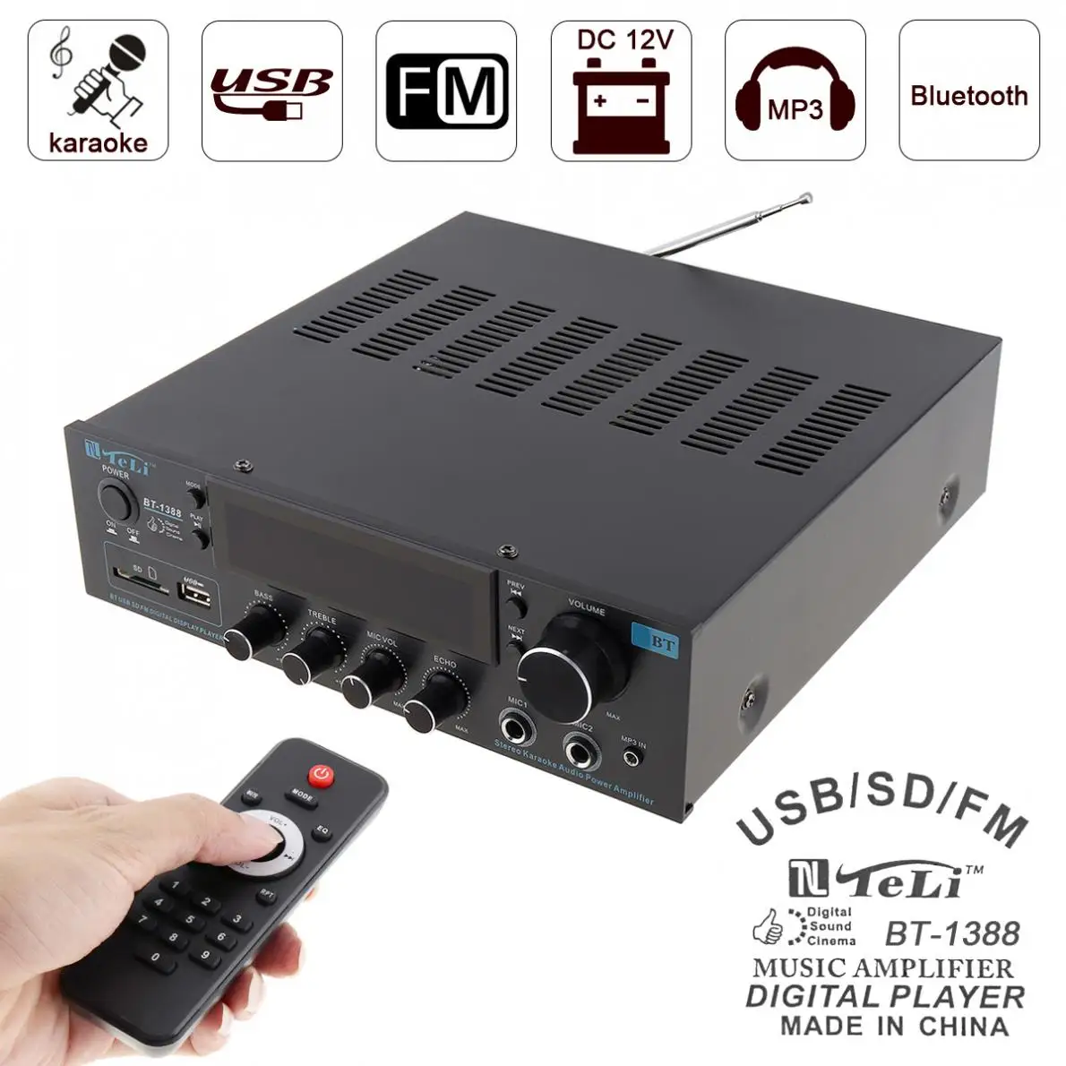 

200W 220V LCD Bluetooth Car Amplifier Stereo FM Radio Audio Power Player Support SD USB Microphone Input Home Theater Amplifier