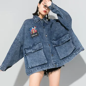 

Korea 2020 spring new women denim jacket women Single-breasted black blue oversize coat Loose Coat with double pockets YH748