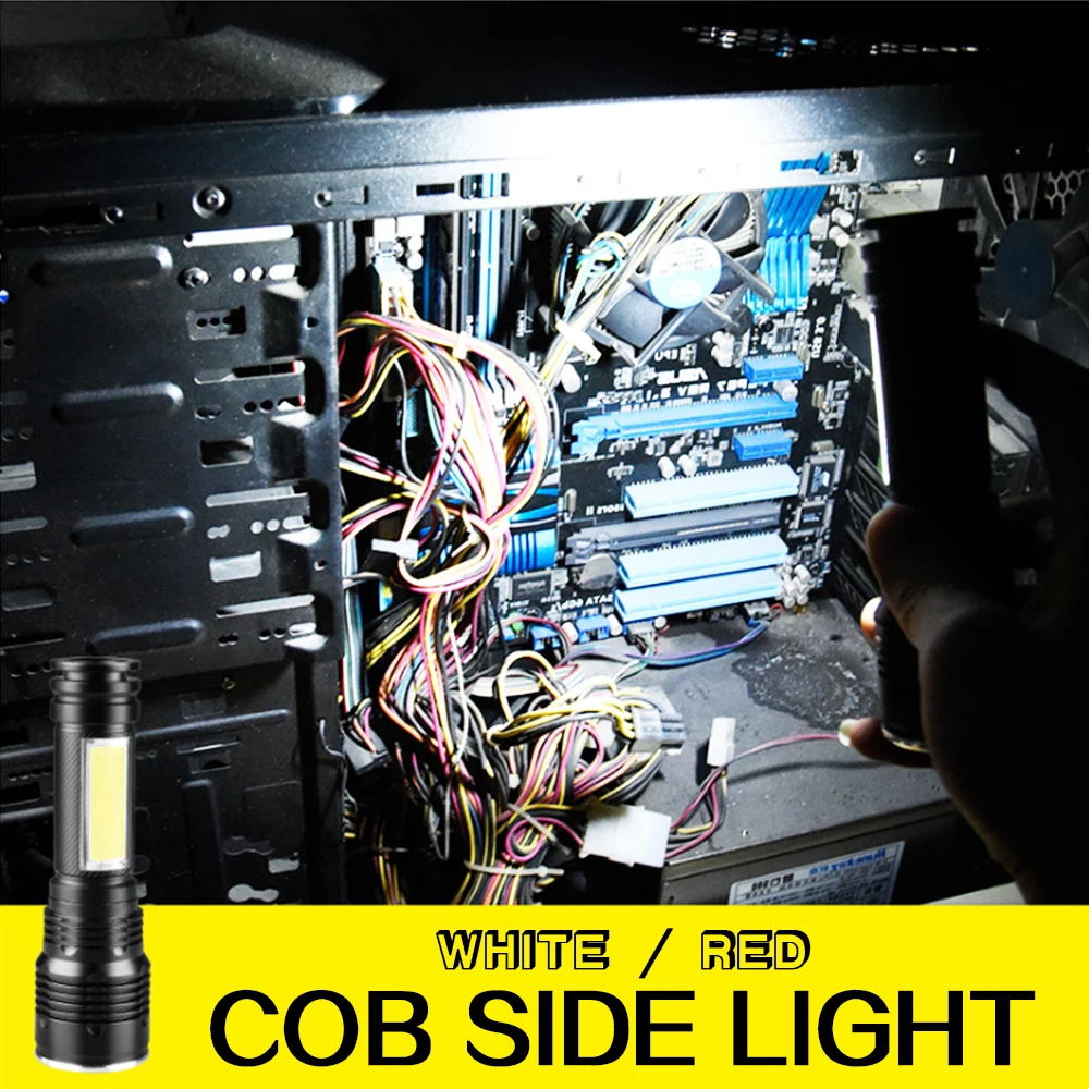 Мощный COB+ светодиодный фонарик с ручным ремешком, перезаряжаемый через USB фонарь со встроенным аккумулятором 18650, тактический фонарь с зумом