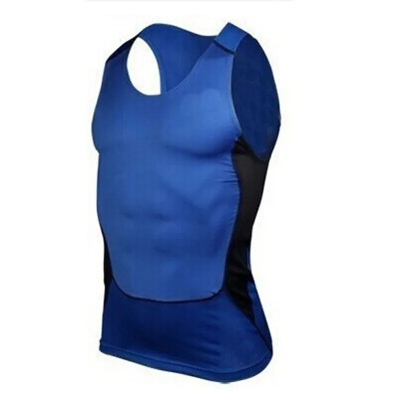 Мужские спортивные плотно облегающие рубашки для бега, базовый слой, для мальчиков, для занятий спортом, тонкий жилет, топы, новинка - Цвет: Синий