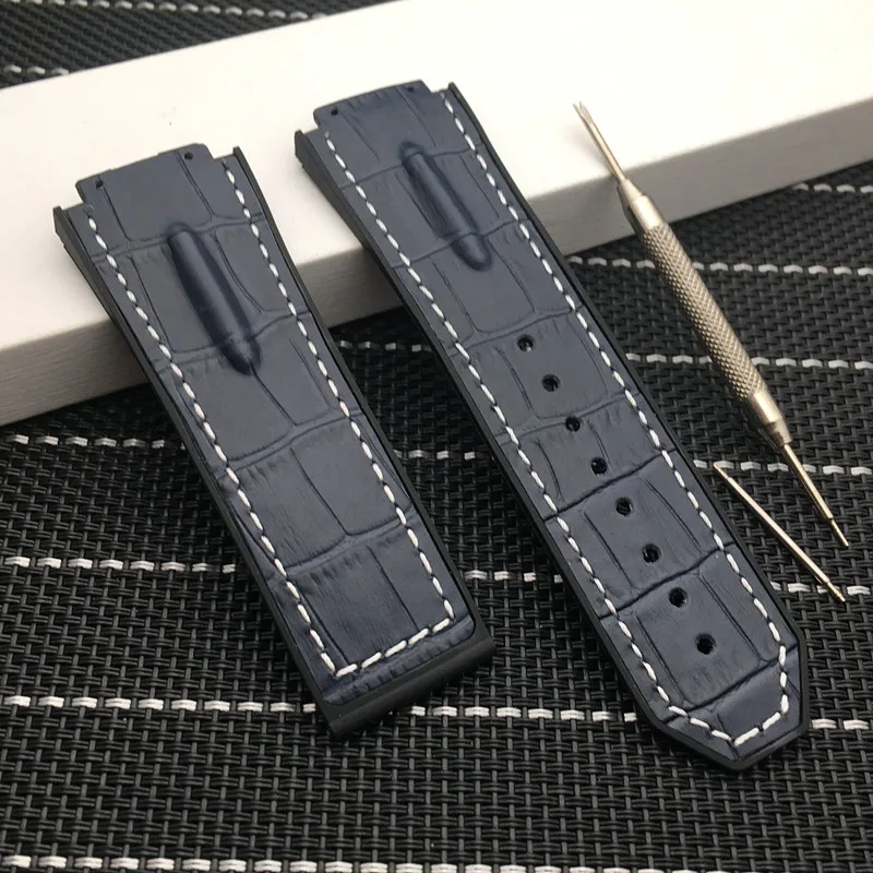 Blue white strap 29*19 мм черный синий коричневый коровья натуральная кожа с силиконовым ремешком для часов Ремешок для Hublot ремешок для king power серии концентратор логотип на - Цвет ремешка: Blue white strap