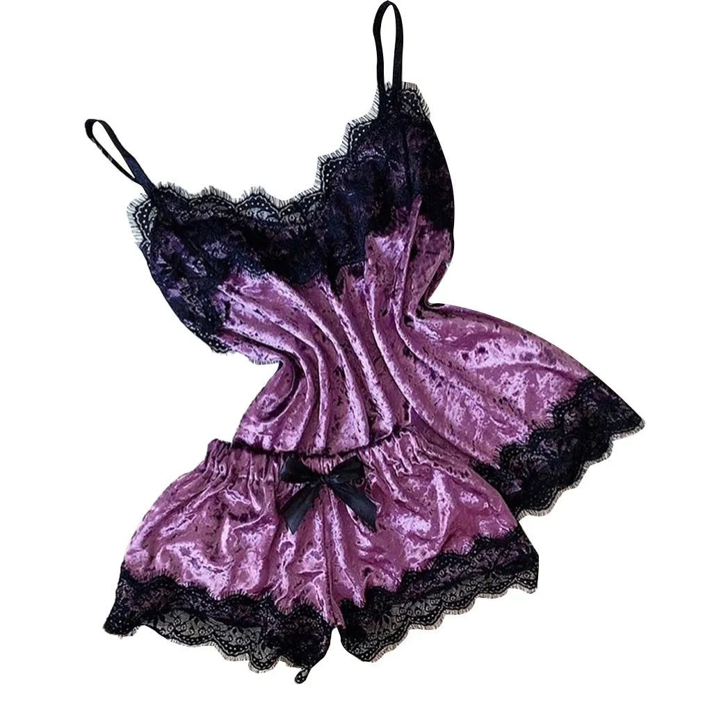 Women Sexy Lingerie Camisole Bow Shorts V-Neck Tops Velvet Honeymoon Pajamas Sleepwear JAYCOSIN Four Season