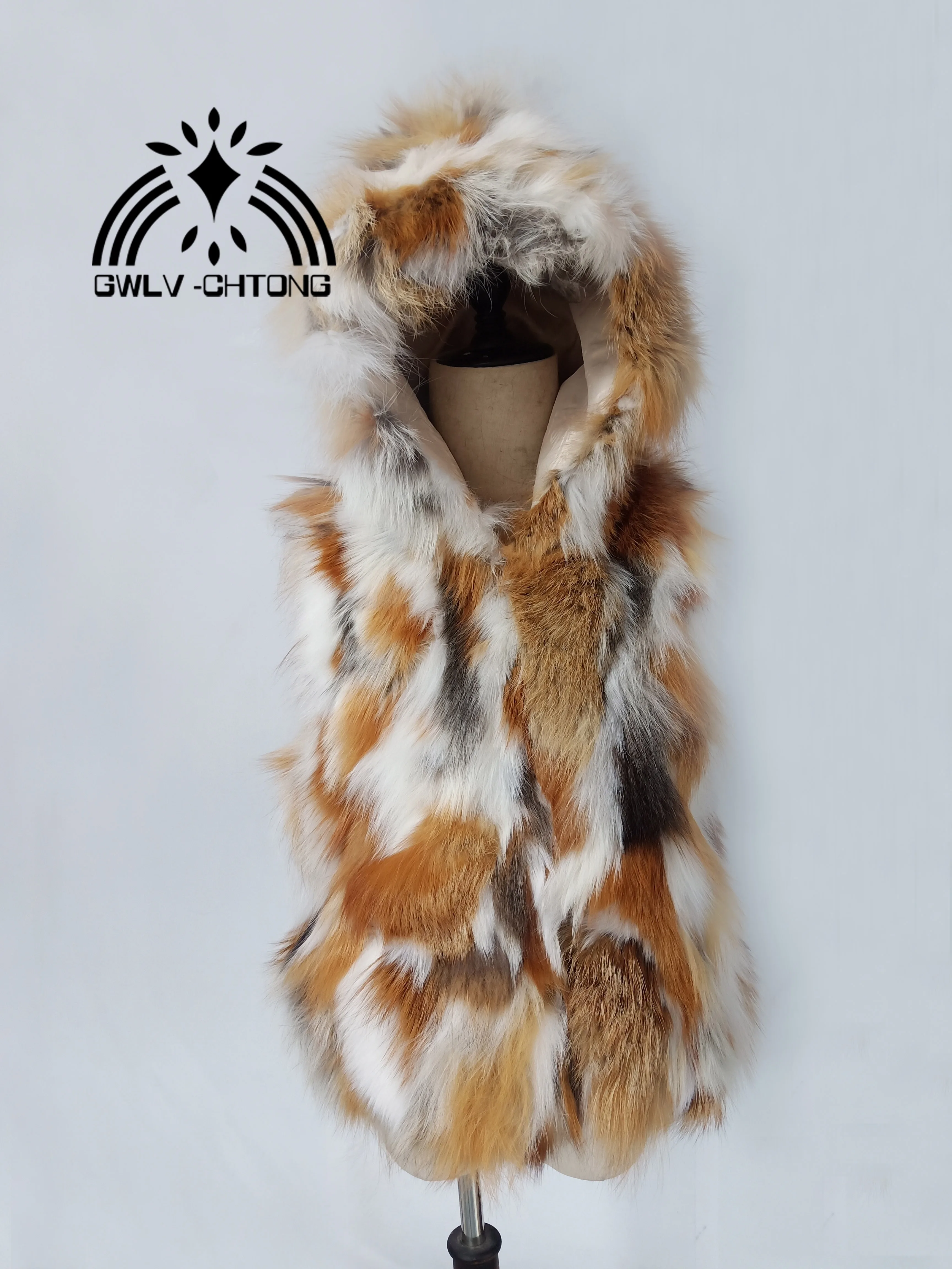 Real Genuine Natural Fox Fur Vest With Hood Women's Red Fox Fur Gilet Winter Jacket Customized