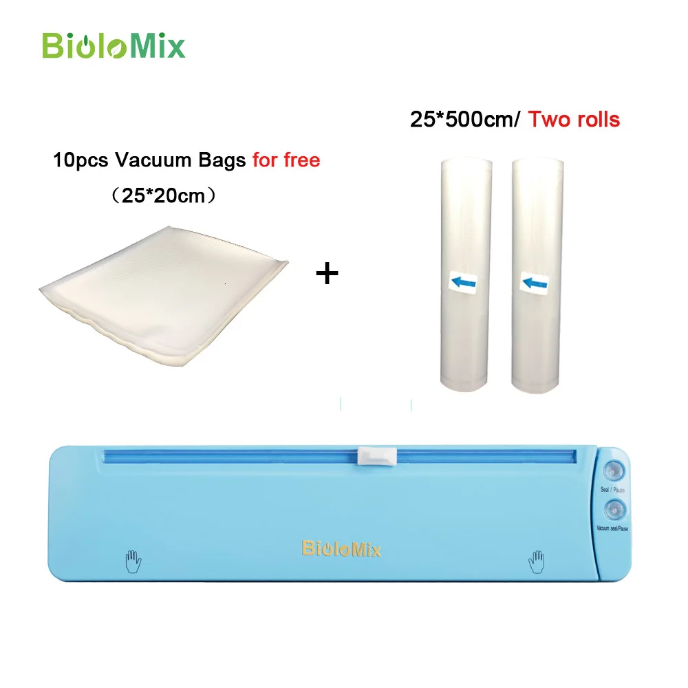Biolomix вакуумный упаковщик со встроенным резаком 220 В автоматическая упаковочная машина для пищевых продуктов 10 бесплатных пакетов лучший вакуумный упаковщик для кухни синий - Цвет: with extra 2 rolls