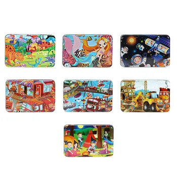 

60 Pieces Of Iron Box Wooden Puzzle Toy Anime Cartoon Plane 3D Jigsaw Puzzle Early Educational Learning Toys Kids Birthday Gift