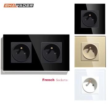 

French Double Wall Socket Crystal Glass Panel Electrical Sockets 157mm 16A France Wall Outlets Rectangular for Bedroon Kitchen