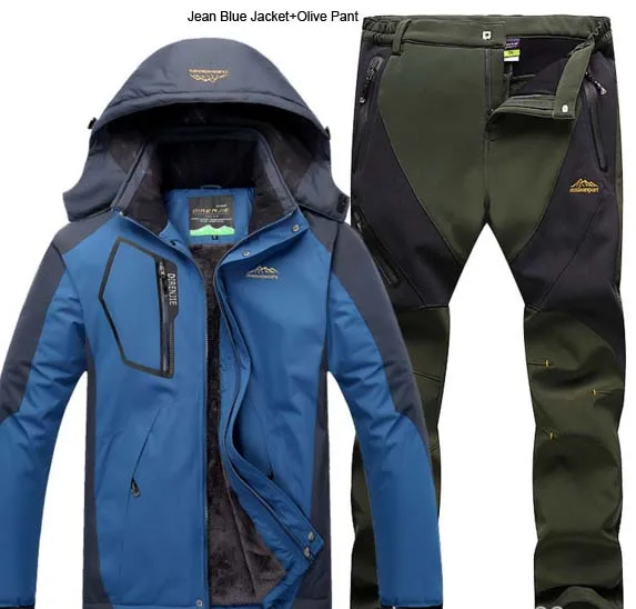 Мужская зимняя меховая теплая куртка для рыбалки, походов, альпинизма, лыжная куртка, для улицы, водонепроницаемая, SharkSkin, софтшелл, штаны, набор, для спорта, кемпинга, пешего туризма - Цвет: Jean Blue Olive