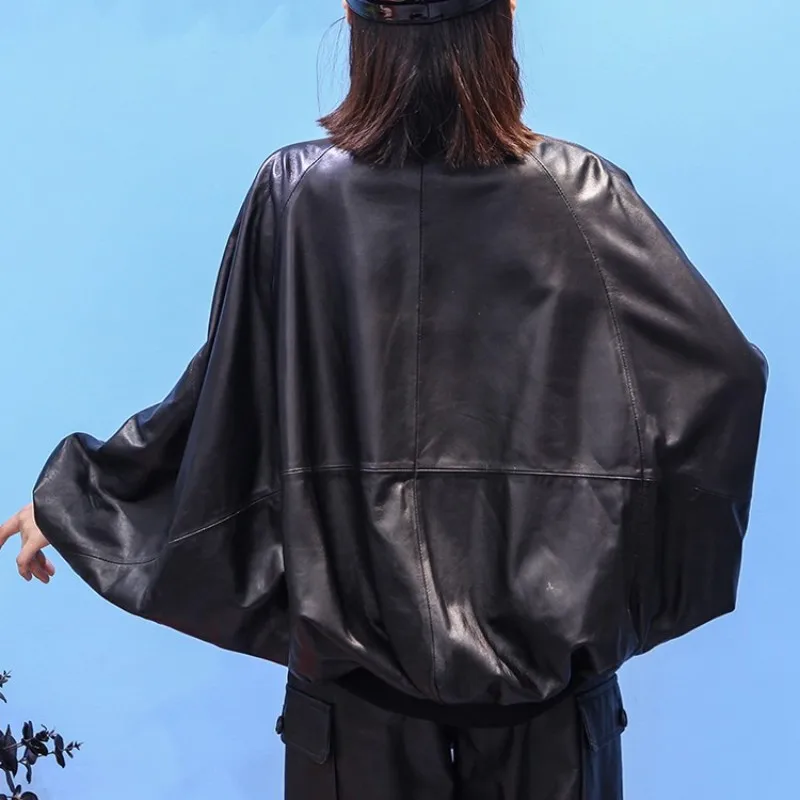 여성용 하이 스트리트 루즈 가죽 재킷, 디자이너 스탠드 칼라 배트윙 슬리브, 외투, 레드 스트리트웨어, 양가죽 코트
