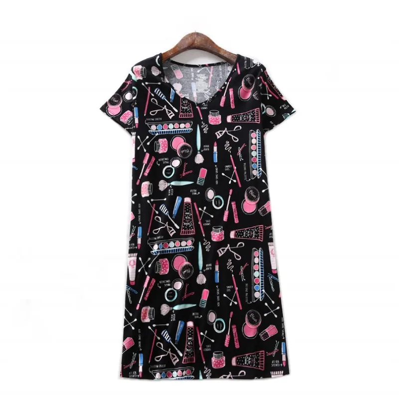 Summer Women Casual Cartoon Sleep Dress Ladies Cotton Nightgown Female Short Sleeve Black Home Dress Plus Size Sleepshirt