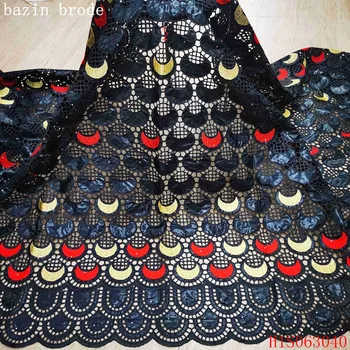 

Alisa black african bazin brode riche fabric cord lace embroidery with stones hollow out design 5 yards/pcs dry laces for sewing
