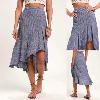 

2020 Spring And Summer Casual Fashion Skirts Sexy Temperament Printed Leisure Characteristic Pleated Skirt Denim Blue Skirts
