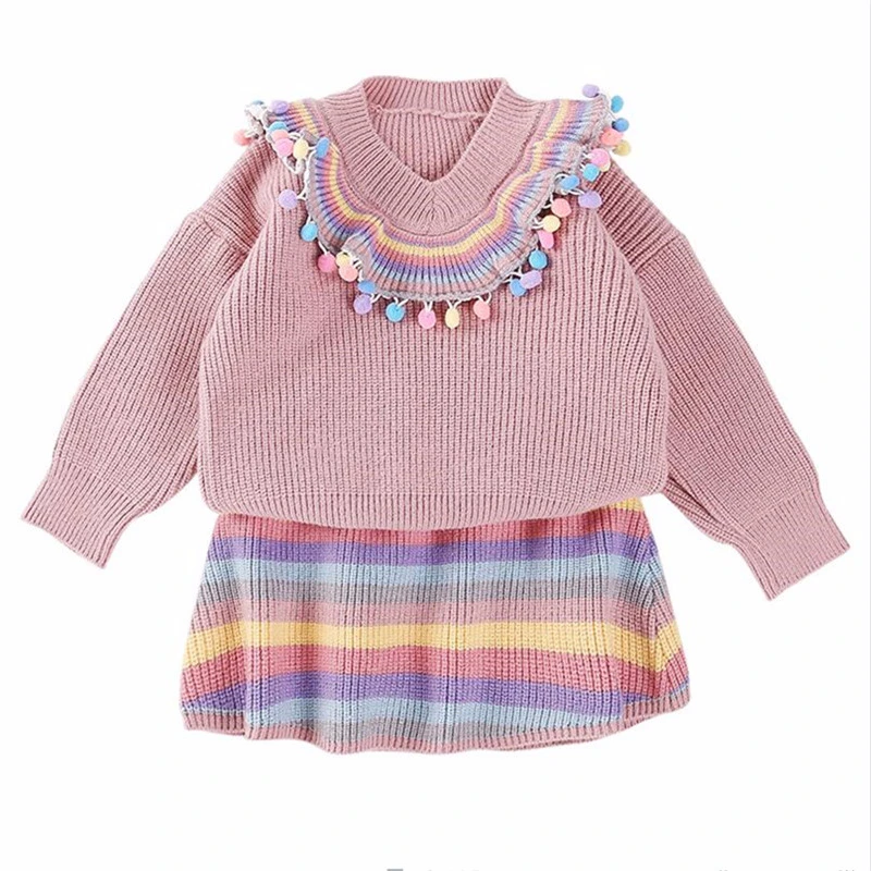 

2-7Y Girls Knit Clothes Sets Striped Baby Kids Wool Ball Sweater Dress Overalls Suit Rabbit Hair Pullover Children Clothing Set