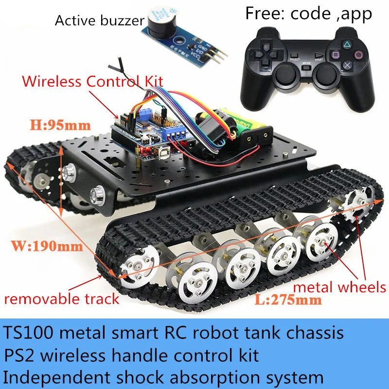 

PS2 Handle Control Metal Shock-Absorbing Tank Chassis TS100 Smart Crawler RC Robot With Wireless Controller Kit DIY For Arduino