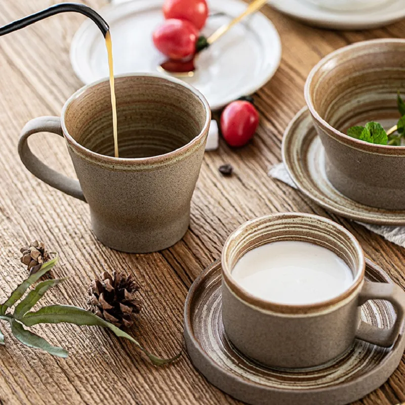 Retro Pottery Coffee Cup Set Creative Handmade Ceramic Cups With Dish Milk Water Mug Breakfast