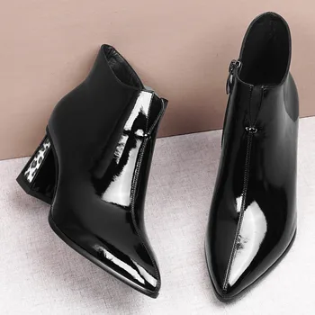 

Plus szie 34-41 women's genuine leather thick high heel autumn ankle boots pointed toe elegant ladies short booties dress shoes