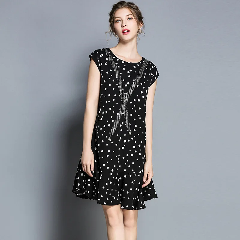 HAMALIEL Brand Clothing Fashion Black Print Dot Mermaid Women Chiffon Dress Summer Beading Ruffles Overlapping Casual Dress