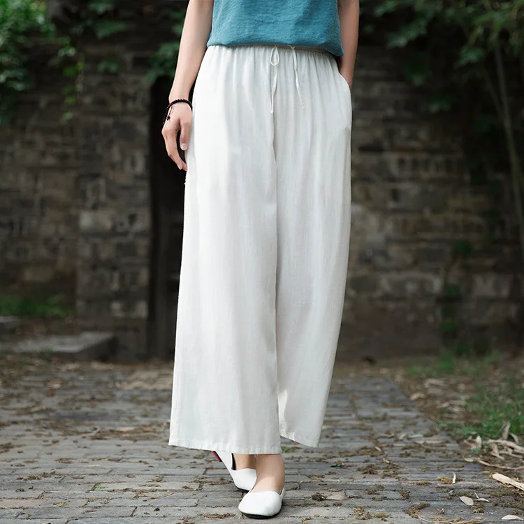 Johnature 2020 Autumn Women New Retro Elastic Waist Cotton Linen Lace Up Wide Leg Pants Loose Casual All-match Ankle-length Pant