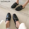 SUOJIALUN Luxury Design Slip On Outside Mules Slippers Brand Chain British Sandal Shoes Flat Round Toe Slides Big Size 41 ► Photo 2/6
