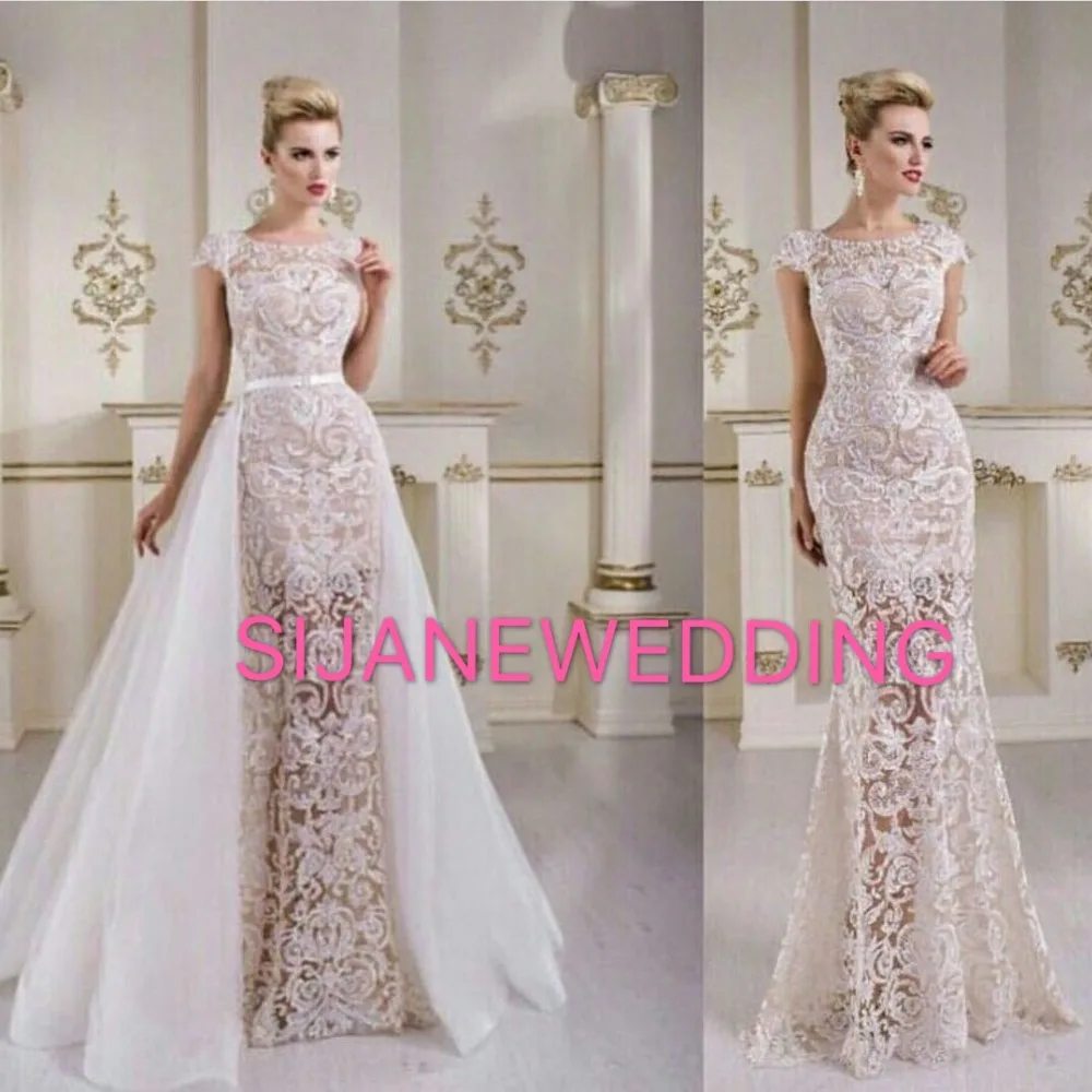 Свадебное Платье Vestidos De Noiva, платье без рукавов с круглым вырезом, со съемным шлейфом, кружевное свадебное платье 20190875