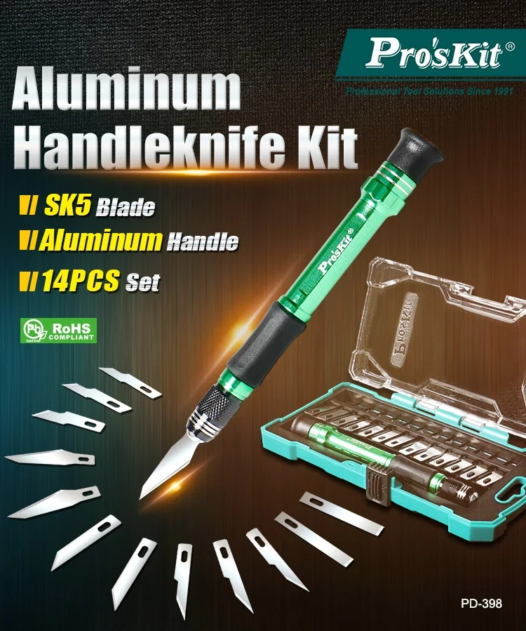 Pro'skit PD-398 нож с алюминиевой ручкой набор 14 в 1 Многофункциональное лезвие для резьбы по дереву паяльная проволока режущие лезвия