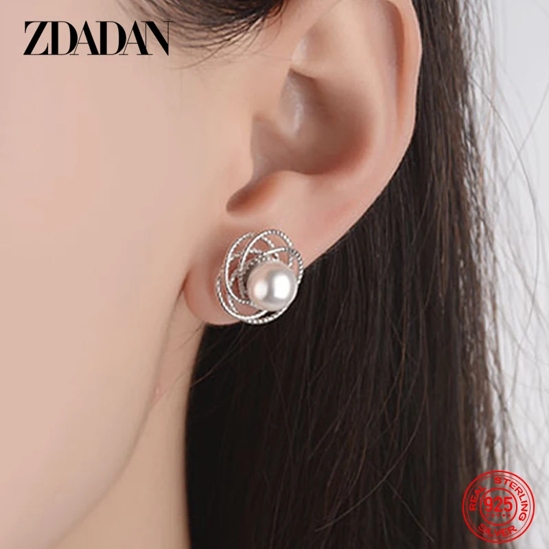 ZDADAN 925 Sterling Silver Charm Geometric Pearl CZ Stud Earrings For Women Fashion Engagement Jewelry Party Gift Wholesale