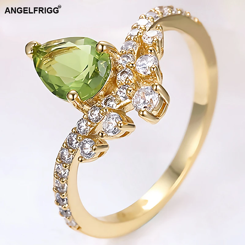 ANGELFRIGG Gold Color Rings With Pear AAA Cubic Zirconia For Women Wedding Anniversary Graduation Party Fashion Jewelry Gift | Украшения и