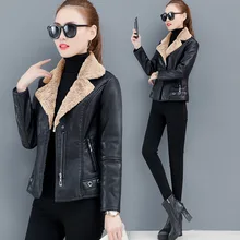 Кожаное пальто для женщин осень и зима стиль корейский стиль меховая укороченная куртка большой размер свободный толстый теплый из искусственной кожи Jac