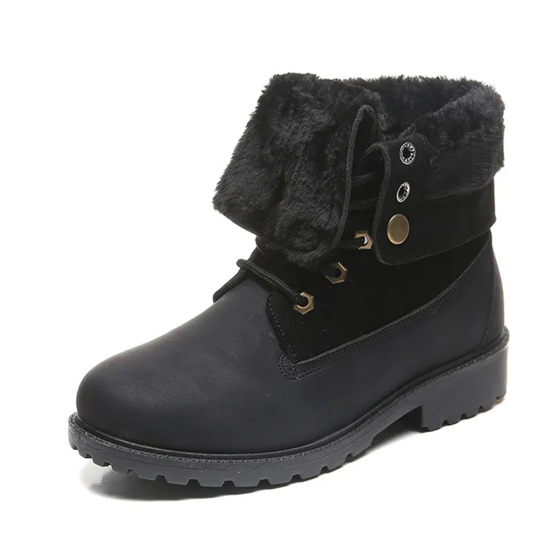 

COZULMA Women Winter Plush Lining Turned-over Work Boots Shoes Lady Fashion Ankle Boots Female Lace-up Bootie Plus Size 36-42