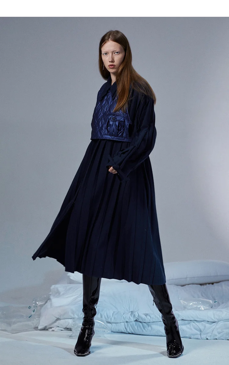 [11,29] IRINACH110 зимняя новая коллекция съемный жилет длинный шерстяной плиссированный Тренч женское платье