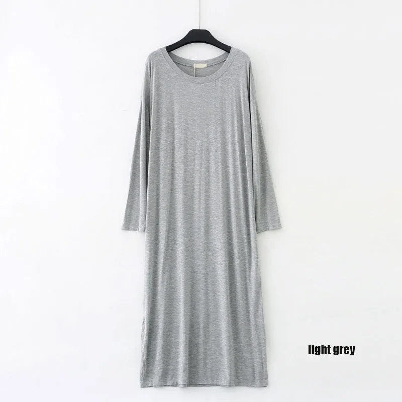 light grey Осенняя ночная рубашка больших размеров, женская простая ночная рубашка, мягкая ночная рубашка из модала, женское спальное платье с длинным рукавом и круглым вырезом - Цвет: light grey