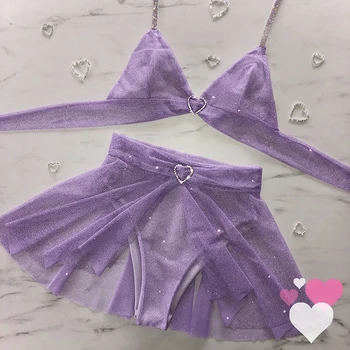 

Shiny triangle bikinis 2020 mujer biquinis Push up separate swimsuit with skirt Mesh triangle swimwear women bathing suit summer