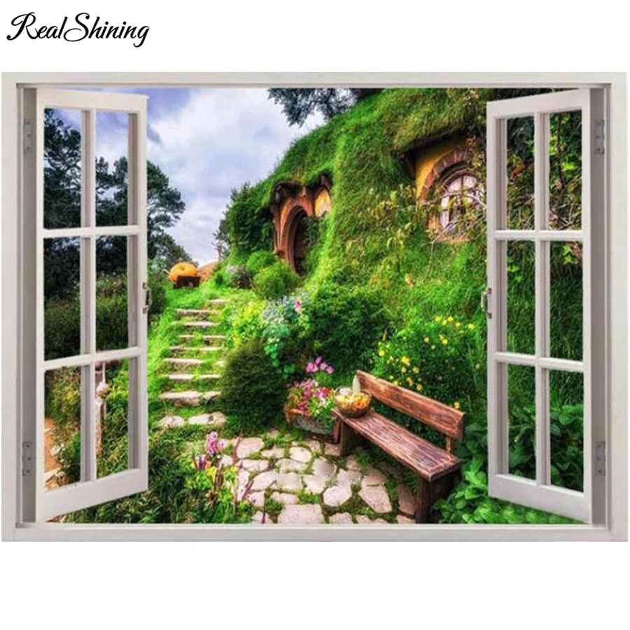 5D Diy Diamond Painting window view Cross Stitch full Square Embroidery Hobbit Village scenery picture wall Decor F178 | Дом и сад