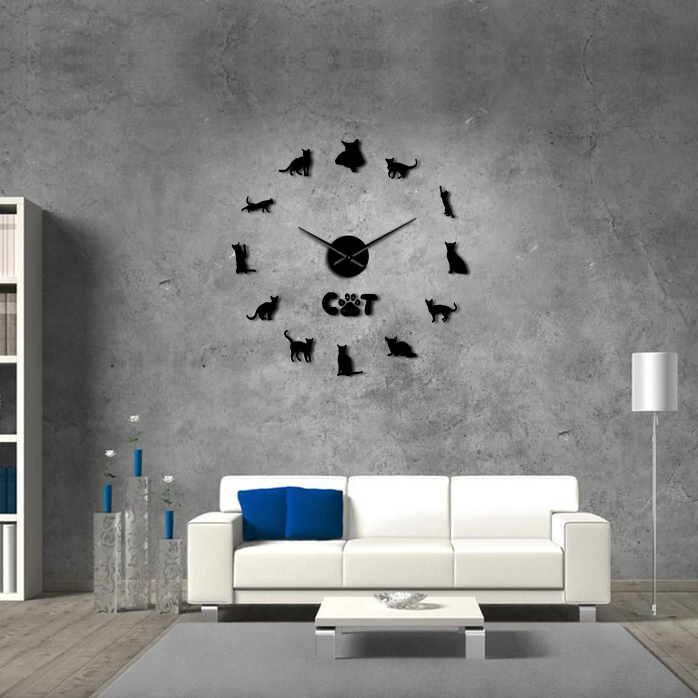 Gato de pelo corto doméstico, reloj de pared silencioso grande sin marco, 3D pegatinas de pared, decoración para sala de estar, Gato etíope| Relojes pared| - AliExpress