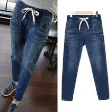 Весна и Осень Новые Большие размеры женские XL-5XL джинсы для ног эластичный пояс эластичный саморазвитие Модные шаровары промытый Кот