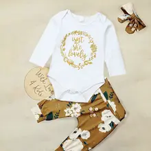 Новинка года; осенний комплект для новорожденных; одежда для маленьких девочек; комбинезон с длинными рукавами; топы; штаны с цветочным принтом; повязка на голову; комплект одежды