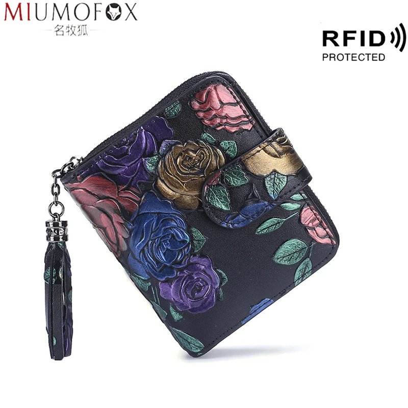 Coin Purse Short Printing Wallet RFID Money-Bag Portomonee Female Small Genuine-Leather
