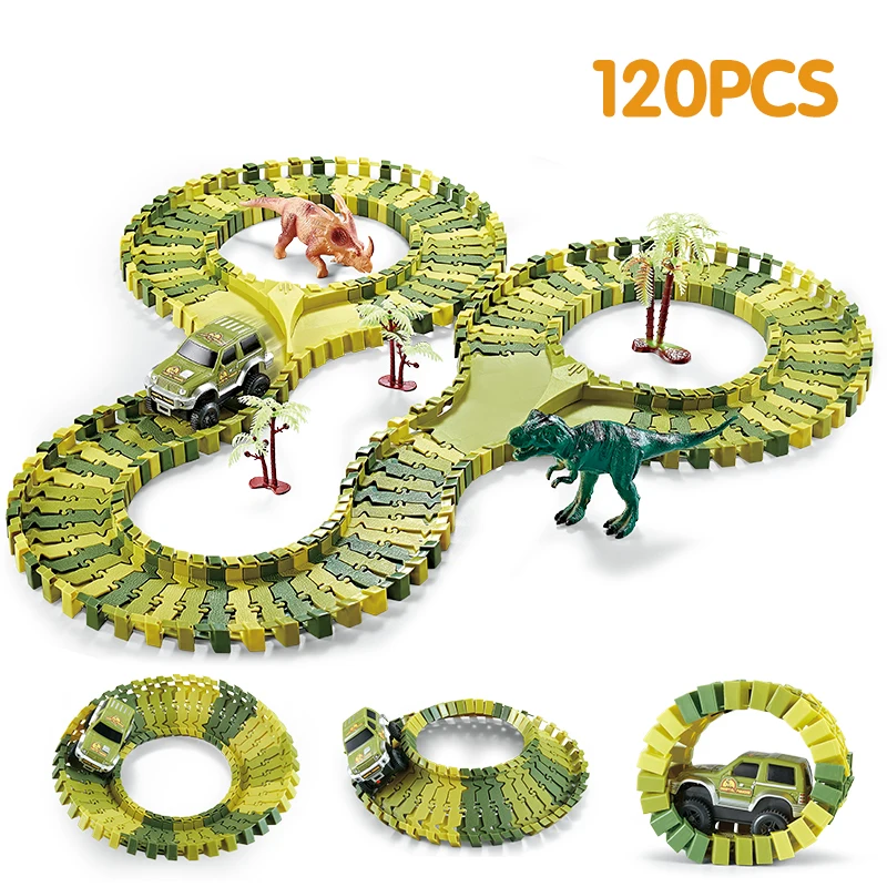 Dinossauro eletrônico pista de corrida ferroviária carro brinquedo jogo  conjunto diy montar curva flexível pista de corrida carro crianças  presentes educativos - AliExpress