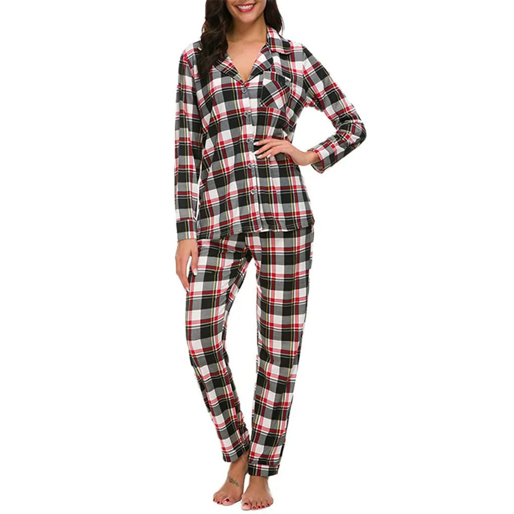 

Womens Sleepwear Two Piece Set Grid Long Sleeve Shirt and Trousers Set Lingerie Elegant Nightgown Pijama Feminino Inverno #E