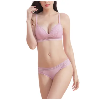 

Woman Comfortable Cup Bras Set Erect Thin Cotton Ventilation Sexy Lace Underwear Brief Sets Deep V Wire Free Ladies Brassiere