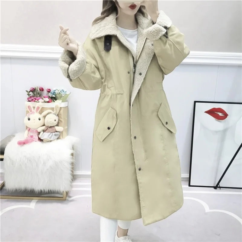 

2019 Winter New Style Mid-length Thick plus Velvet Trench Coat Cotton Coat Women's Waist Hugging Korean-style Versatile Workwear