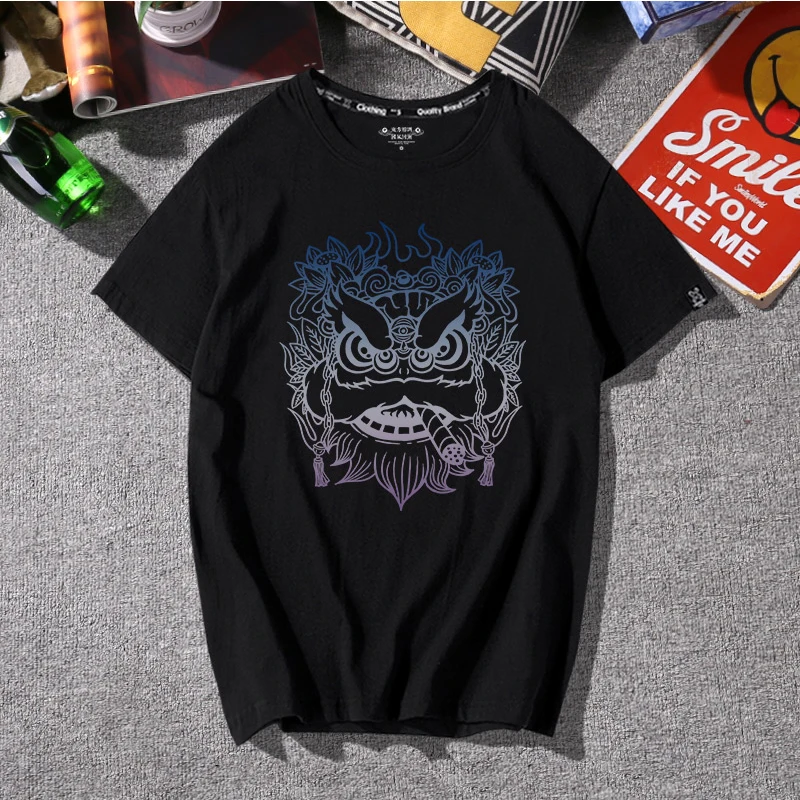 

Lion Head Gradient Print Harajuku Trend Man Tee Shirt Vintage Chinese Style Cartoon Clothes Painted All-Match Loose Couples Top