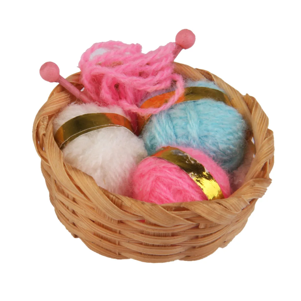 1/12 Knitting Work Bamboo Basket w.Woolen Threads Needle Dollhouse Accessory