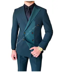 2Pc Green Stitching Jacket Pants Men's Suits Sets Tailored Clothing Casual Blazer Trousers Wedding Party Wear Business Male Suit