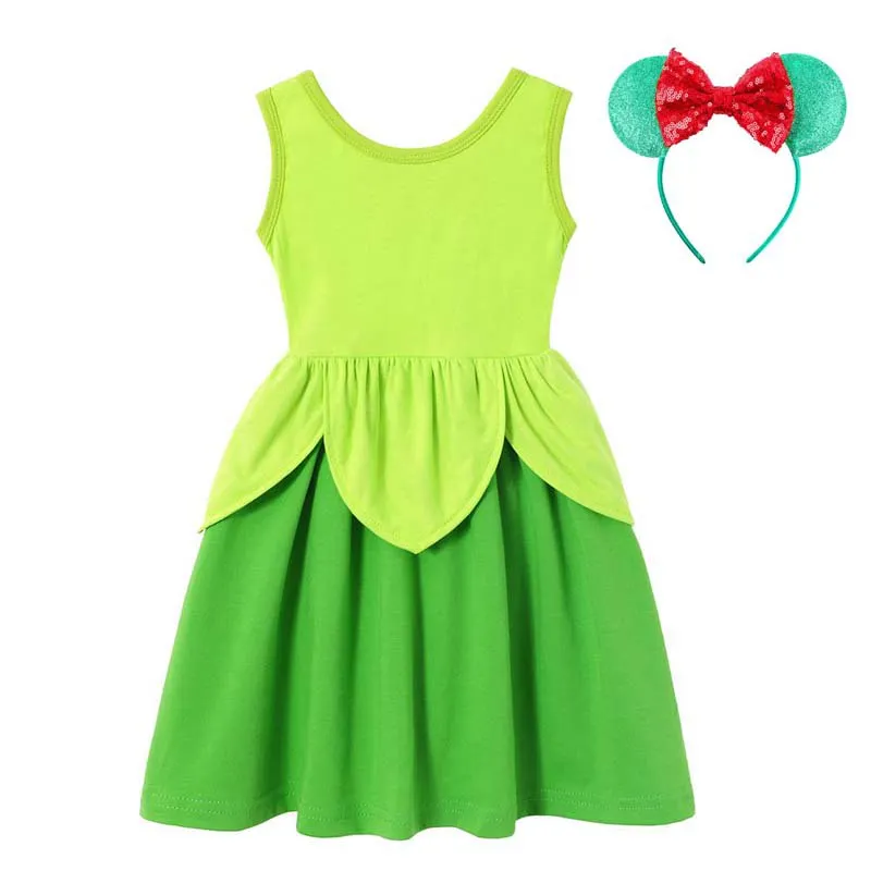 Tinkerbell Set VOGUEON девочек Микки и Минни Маус Повседневное платье из хлопка с головной повязкой, летнее платье на день рождения летнее платье Рапунцель, Белль Золушка, Ариель платье принцессы - Цвет: Tinkerbell Set