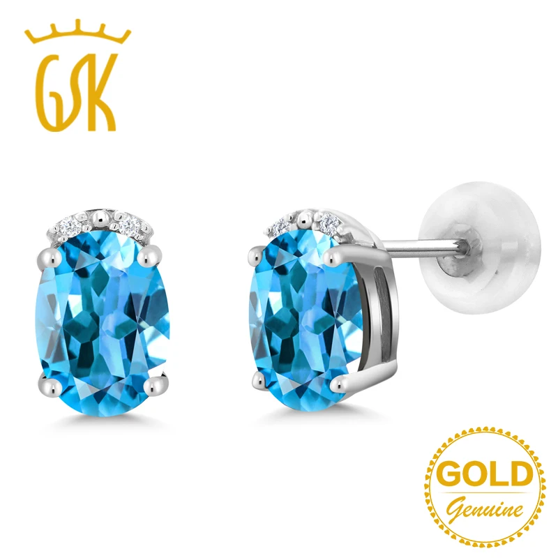 Серьги гвоздики GemStoneKing 1 73 карат Овальные натуральный голубой топаз белый