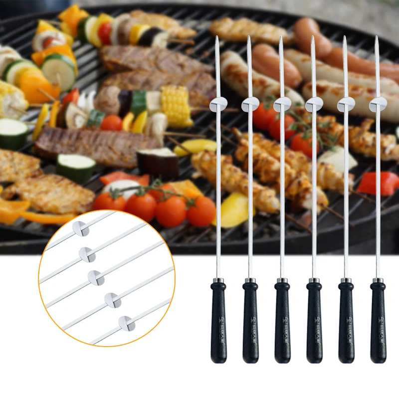 6Pcs BBQ Roasting Barbecue Sticks Kebab Grill Skewers Brochette Needles 52cm 