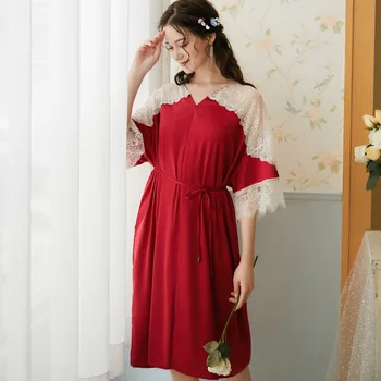 

Wasteheart Women Female Red Sexy Sleepwear Night Dress Long Lace V Neck Luxury Nightwear Homewear Nightgown Sleepwear Gown